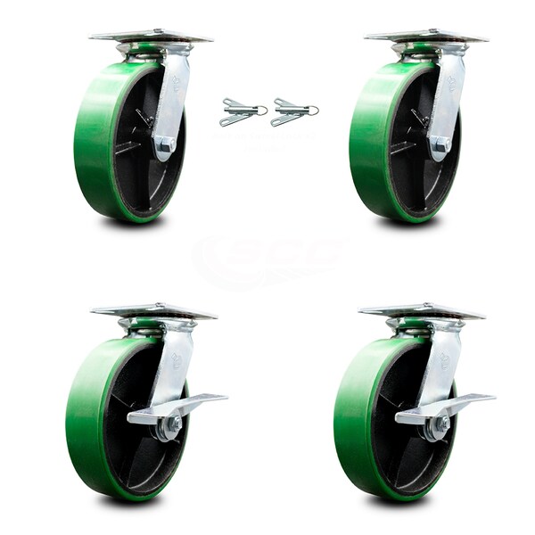 8 Inch Green Poly on Cast Iron Swivel Caster Swivel Locks 2 Brakes SCC, 2PK